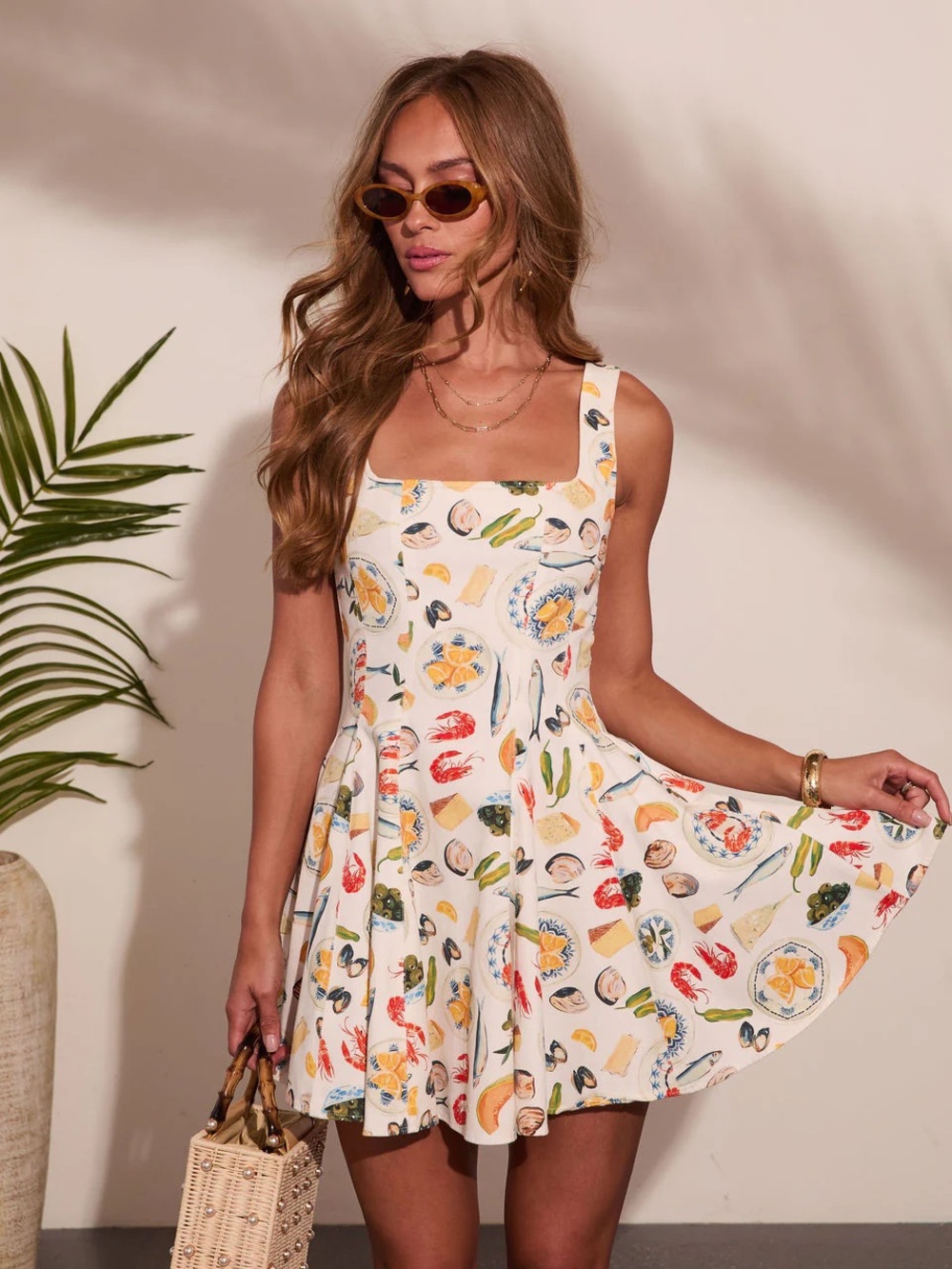 VICI Sun Bliss Tropical/Seafood Print Cotton Mini Dress Zip Back Ivory Size S
